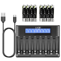 LiCB Rechargeable Batteries AAA 1100mAh with Smart 8 Bay Battery Charger, 1.2V NiMH Battery, 8 Count AAA